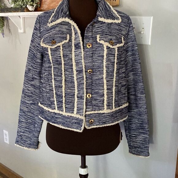 Catherine Malindrino tweed blazer jacket women’s size medium navy blue cream but - Picture 1 of 13